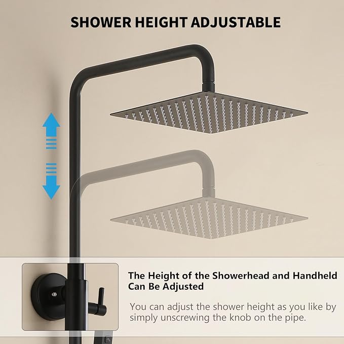 Exposed Shower System 10" Matte Black Rainfall Shower Head with 2 Modes Handheld and Tub Faucet Set, Square Shower Head 3 Functions Outdoor Shower Fixtures with Brass Valve, Height Adjustable