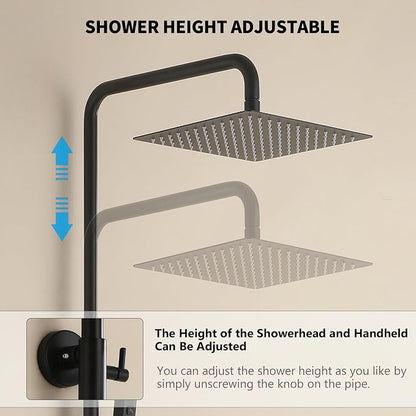 Exposed Shower System 10" Matte Black Rainfall Shower Head with 2 Modes Handheld and Tub Faucet Set, Square Shower Head 3 Functions Outdoor Shower Fixtures with Brass Valve, Height Adjustable