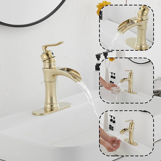 Waterfall Bathroom Faucet Brushed Gold GGStudy Single Handle One Hole Farmhouse Bathroom Vanity Faucet Basin Mixter Tap Deck Mount with Drain Assembly