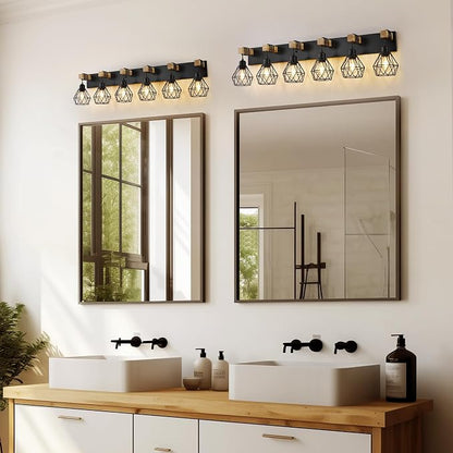 maesta 6 Light Bathroom Vanity Light, Farmhouse Black Fixture Over Mirror | Farmhouse Bathroom Light Fixtures, Wood & Metal, Anti-Rust, Easy to Install for Rustic Bathroom Hallway