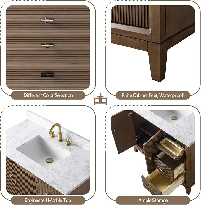 Vanity Art 42" Bathroom Vanity with Single Sink & Arabescato White Engineered Stone Top, Vanity Cabinet with Soft Closing Door, Solid Wood Frame, Golden Brushed Handles, Walnut VA8142-Walnut-GB