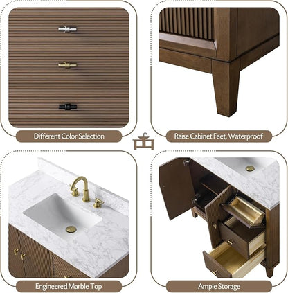 Vanity Art 42" Bathroom Vanity with Single Sink & Arabescato White Engineered Stone Top, Vanity Cabinet with Soft Closing Door, Solid Wood Frame, Golden Brushed Handles, Walnut VA8142-Walnut-GB