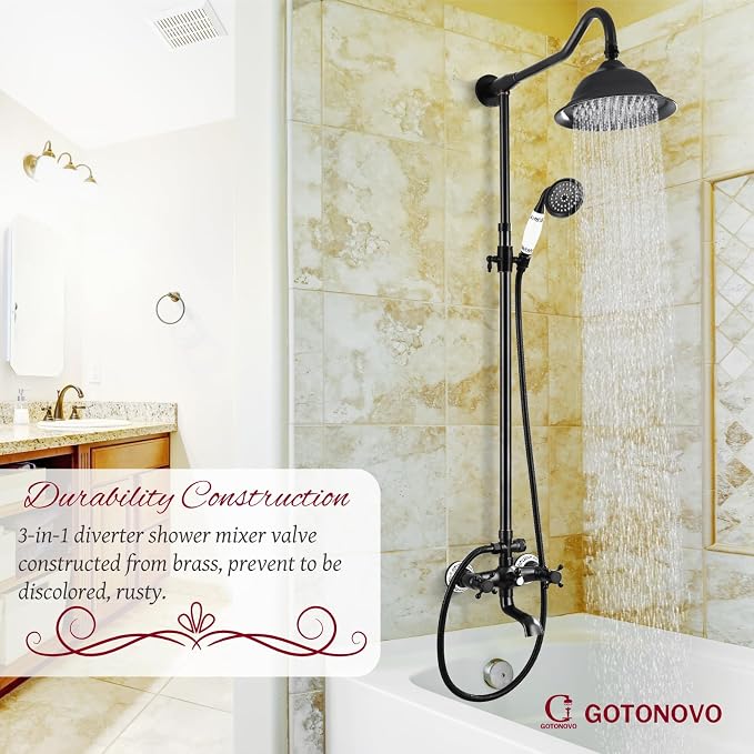 gotonovo Vintage Exposed Shower Faucet Set with Tub Spout,Oil Rubbed Bronze | Bathtub 8” Shower Head with Handheld System Fixtures Combo Kit,360°Rotation,Fast Filler,Extra Extension Tube,for 5-6.7" Hole