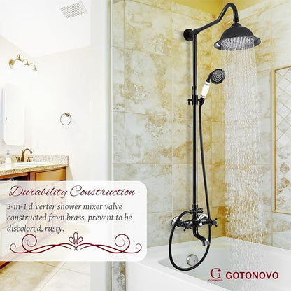 gotonovo Vintage Exposed Shower Faucet Set with Tub Spout,Oil Rubbed Bronze | Bathtub 8” Shower Head with Handheld System Fixtures Combo Kit,360°Rotation,Fast Filler,Extra Extension Tube,for 5-6.7" Hole
