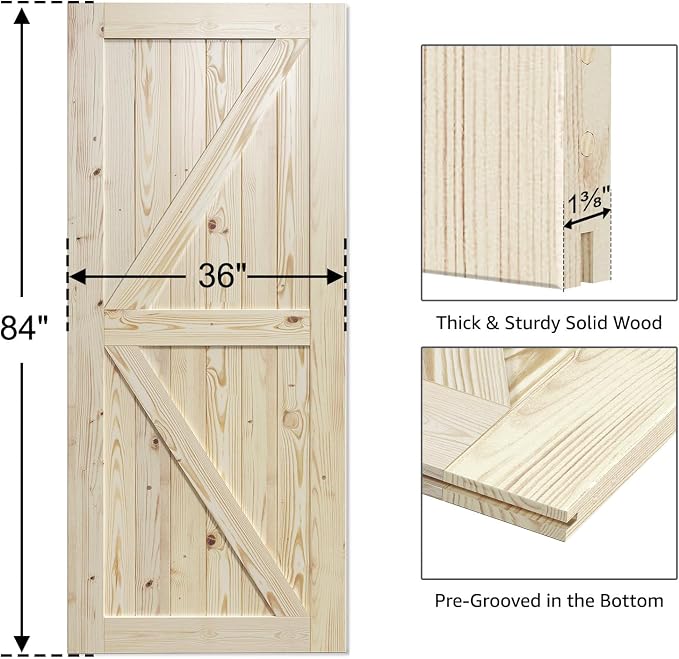 SmartStandard 36in x 84in Sliding Barn Wood Door Pre-Drilled Ready to Assemble, DIY Unfinished Solid Spruce Wood Panelled Slab, Interior Single Door Only, Natural, K-Frame (Fit 6FT-6.6FT Rail) | Pre-Drilled Ready to Assemble, DIY Unfinished Solid Spruc...