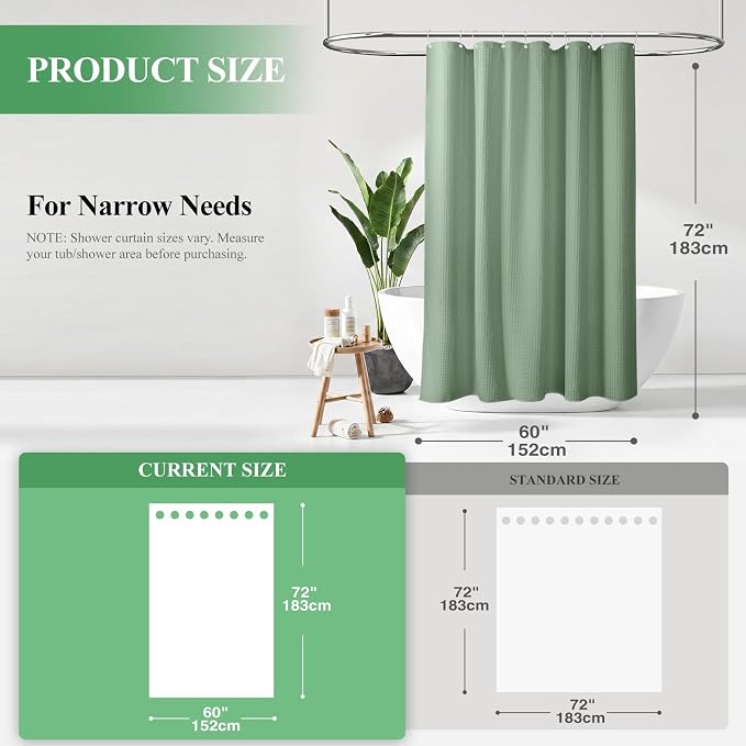 Stall Waffle Shower Curtain 256 GSM Heavy Fabric 60x72 Sage Green | 60 Inch Wide, Thick Cloth, Weighted Hem, Water Repellent, Hotel Luxury Polyester Shower Curtain Set for Bathroom 10 Hooks