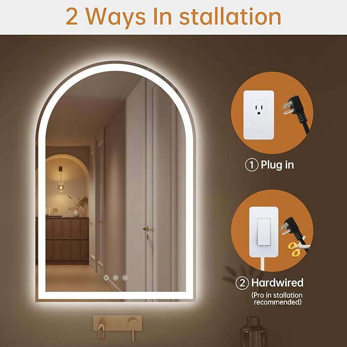 24"x36" Arched LED Lighted Bathroom Mirror with Lights | Fogless, Dimmable, Shatterproof, Touch Sensor, 3 Color Changing