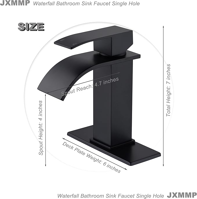 Black Waterfall Bathroom Faucet Single Hole, Bathroom Sink Faucet with Pop Up Drainer Assembly and Deck Plate for 3 Hole Installation JXM122BK