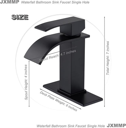 Black Waterfall Bathroom Faucet Single Hole, Bathroom Sink Faucet with Pop Up Drainer Assembly and Deck Plate for 3 Hole Installation JXM122BK