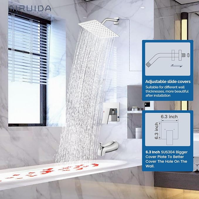 Airuida 8 Inch Shower Faucet Set,Bathtub Faucet Kit,Chrome Polish | Shower Tub Faucet Set,Male Threads Rough-In Valve,Square Head Shower System