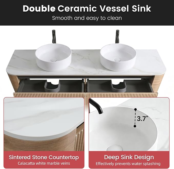 72" Floating Bathroom Vanity with Double Vessel Sink, Honey Oak | Pre-Assembled Fluted Wall Mounted Vanity with Ceramic Sink, Sintered Stone Countertop, Soft-Close Drawer & Towel Rack