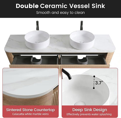 72" Floating Bathroom Vanity with Double Vessel Sink, Honey Oak | Pre-Assembled Fluted Wall Mounted Vanity with Ceramic Sink, Sintered Stone Countertop, Soft-Close Drawer & Towel Rack