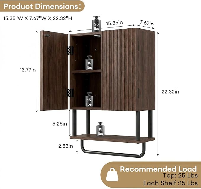 Fluted Bathroom Wall Cabinet,Wood Medicine Cabinet with Towel Bar Walnut | Fernitry Over the toilet Storage Cabinet Walnut Wall Mounted with Adjustable Shelf 3 Tier Farmhouse with 2 Doors Retro
