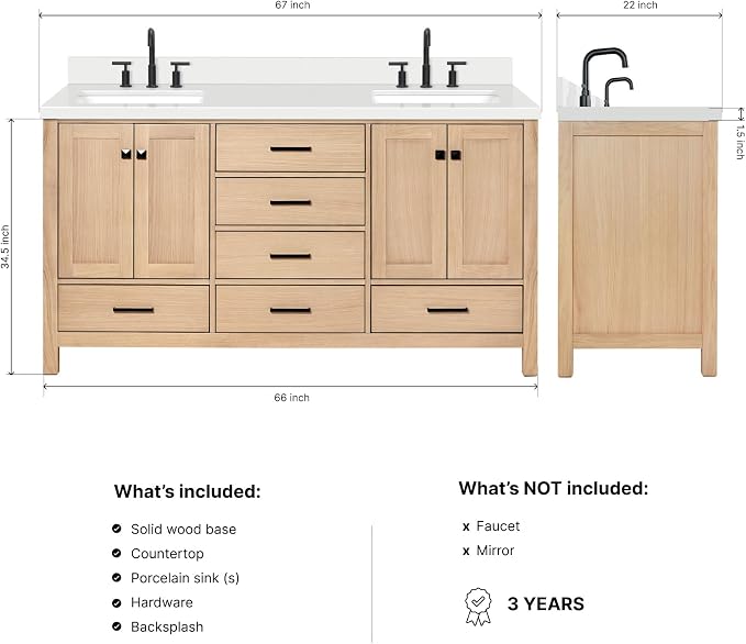 Beckford 66-Inch Oak Double Bathroom Vanity with Sink, Pure White Quartz Countertop & 4" Backsplash, Soft Closing Doors & Drawers, Matte Black Hardware