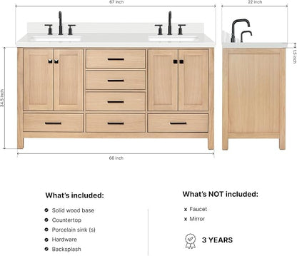 Beckford 66-Inch Oak Double Bathroom Vanity with Sink, Pure White Quartz Countertop & 4" Backsplash, Soft Closing Doors & Drawers, Matte Black Hardware