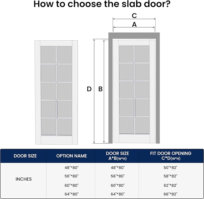 SMARTSTANDARD 48" x 80" Clear Glass French Interior Solid Core Door Slab | 10-Lite Glass Pantry Door for Bathroom Laundry Pocket, Pre-Assembled Panel without Hardware, White Primed
