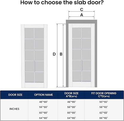 SMARTSTANDARD 64" x 80" Clear Glass French Interior Solid Core Door Slab | 10-Lite Glass Pantry Door for Bathroom Laundry Pocket, Pre-Assembled Panel without Hardware, White Primed