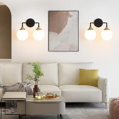 Black Gold Bathroom Light Fixtures Over Mirror Vanity 2-Light | Mid Century Modern Matte Black Gold Wall Sconce with Milky White Glass Ball Shades for for Bathroom Dressing Table Bedroom