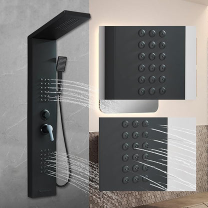 Black Shower Panel Modern Shower Tower System with Full Body Shower Jets System Handheld Spray Wall Mount Shower Panels Faucet