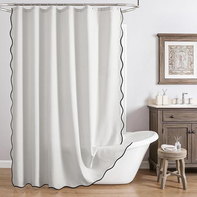 Linen Scallop Shower Curtain with 12 Clear Hooks, Waterproof, 72x84, White | Cute Washable Heavy Duty Thick Fabric with Black Border, Neutral Modern Farmhouse Boho Décor