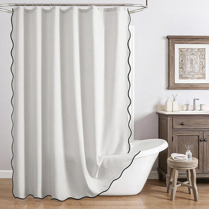 Linen Scallop Shower Curtain with 12 Clear Hooks, Waterproof, 72x78, White | Heavy Duty Waterproof Fabric with Black Border, Cute Modern Farmhouse Bathroom Décor