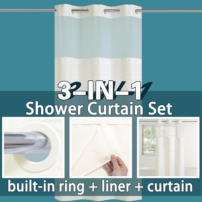 Conbo Mio Stall No Hook Shower Curtain with Snap in Liner Set, Hotel Luxury Beige Shower Curtains for Bathroom with See Through Top Window, Waterproof, Washable 36W x 74H