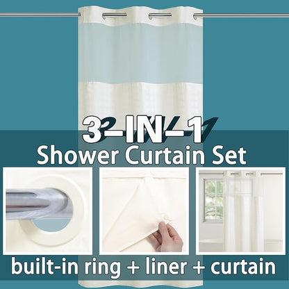 Conbo Mio Stall No Hook Shower Curtain with Snap in Liner Set, Hotel Luxury Beige Shower Curtains for Bathroom with See Through Top Window, Waterproof, Washable 36W x 74H
