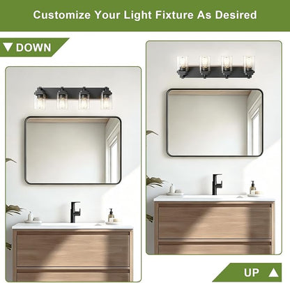 Black Bathroom Light Fixtures, 4 Lights Bathroom Lighting Fixtures Over Mirror, Square Design & Rectangle Large Backplate, Modern Vanity Lighting Fixtures, for Bathroom/Living Room/Bedroom
