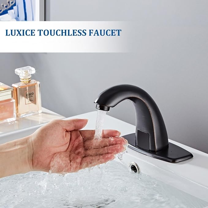 Luxice Oil Rubbed Bronze Touchless Bathroom Sink Faucet - Automatic Motion Sensor Battery Opertated with Temperature Mixing Valve for Commercial Lavatory