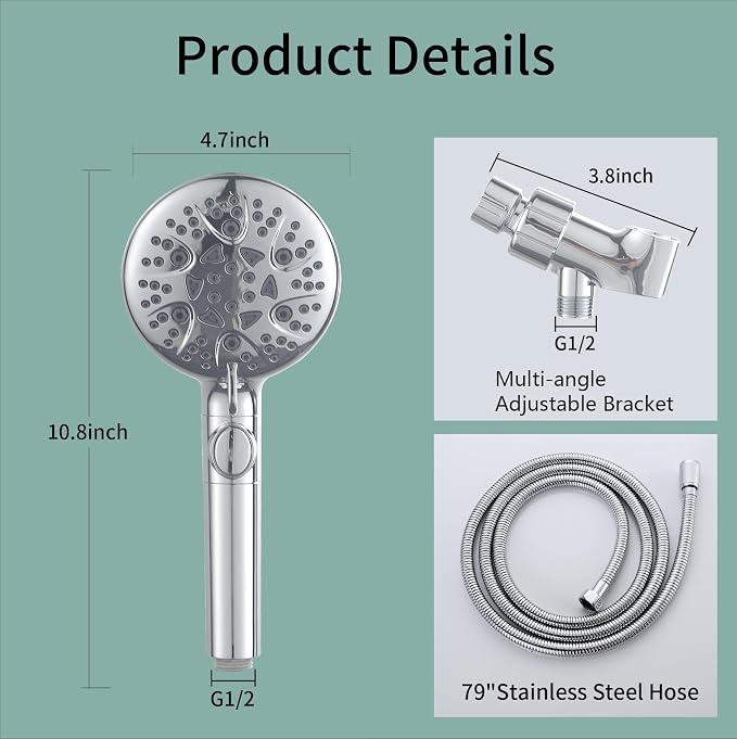 Handheld Shower Head with 79inch Extra Long Hose,ON OFF Switch. | 8 Spray Settings High Pressure Detachable Showerhead,Built-in Power Sprayer to Clean Pets, Adjustable Angle Bracket,Silver