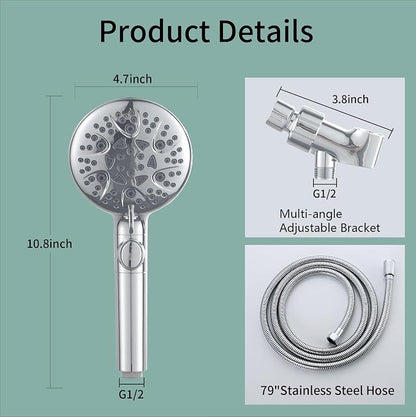 Handheld Shower Head with 79inch Extra Long Hose,ON OFF Switch. | 8 Spray Settings High Pressure Detachable Showerhead,Built-in Power Sprayer to Clean Pets, Adjustable Angle Bracket,Silver