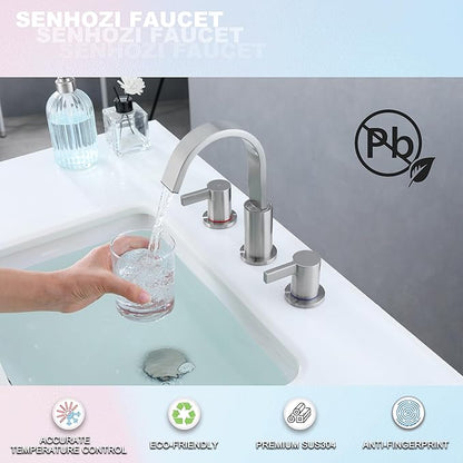 Brushed Nickel Bathroom Faucets 3 Hole, 8 Inch Widespread Waterfall Bathroom Sink Faucet, 2 Handles Vanity Faucet with Pop-up Drain and Supply Hose SE-0018-BN
