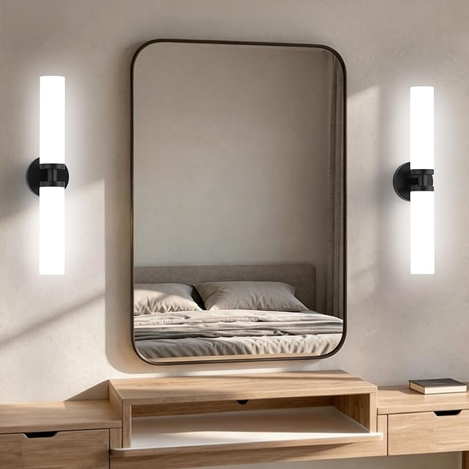Wall Sconces Set of 2 Hardwired Bathroom Light Fixtures E26 Base | Matte Black, 22Inch, Modern Vanity Wall Lighting with Milky White Glass Shade, for Mirror Hallway Bedroom Living Room TV Wall