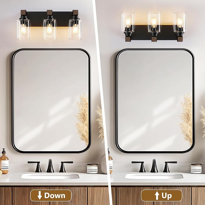 Farmhouse Black 3-Light Bathroom Vanity Light, Square Glass Shade | Vintage Rustic Design, Wood Grain Finish, Matte Black Metal, Wall Mount Over Mirror Lighting Fixtures for Bathroom Restroom