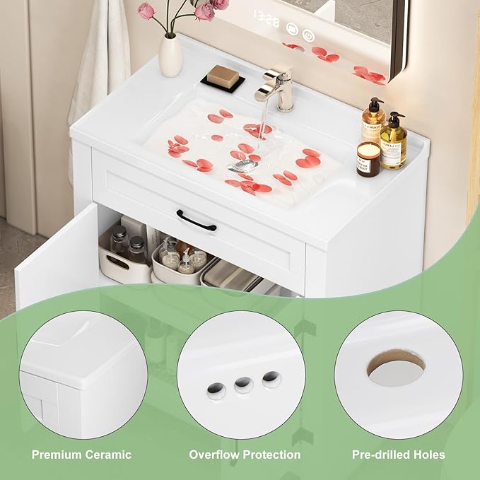 32" Farmhouse Bathroom Vanity with Ceramic Sink, 2 Barn Door Design, Freestanding Storage Cabinet, Actual 31.5" L x 18.5" W x 35.4" H, White