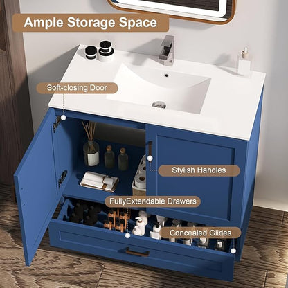 36 inch Bathroom Vanity with Sink, Modern Blue Vanity for Bathroom with Undermount Ceramic Sink, Freestanding 2-Door & 1-Drawer Storage Cabinet, for Small Bathroom Space, (Blue, 36")