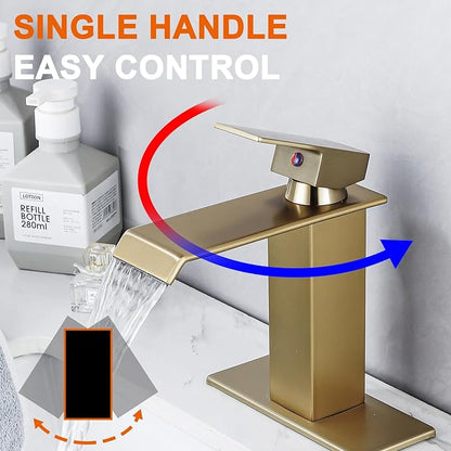 Brushed Gold Bathroom Faucet, Waterfall Bathroom Sink Faucet, Single Hole Deck Mounted Single Handle Lavatory Vanity with Pop Up Drain Parts Mixer Tap Basin Modern Bath