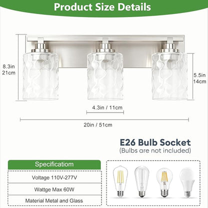 Modern Bathroom Lighting Fixtures Over Mirror, Vanity Lights for Bathroom, Wall Sconces with Clear Glass Shades, E26 Ceramic Socket, 3-Light 19.7-inch Brushed Nickel