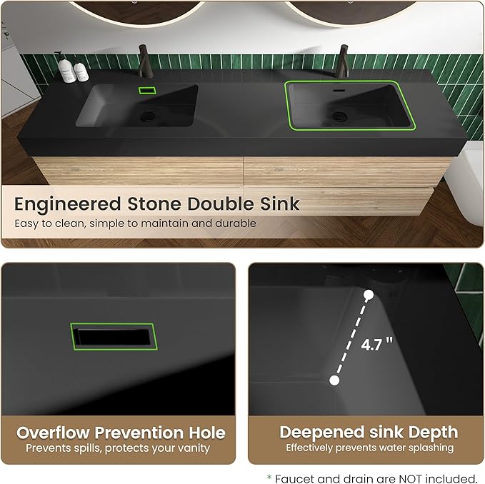 72" Floating Bathroom Vanity with Sink Combo, Modern Floating Double Sink Bathroom Vanity with Black Engineered Stone Tops & 4 Soft-Closing Drawers, Large Storage for Apartment, Hotel, Rough Oak
