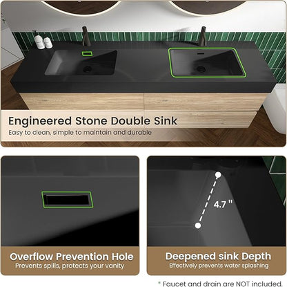72" Floating Bathroom Vanity with Sink Combo, Modern Floating Double Sink Bathroom Vanity with Black Engineered Stone Tops & 4 Soft-Closing Drawers, Large Storage for Apartment, Hotel, Rough Oak
