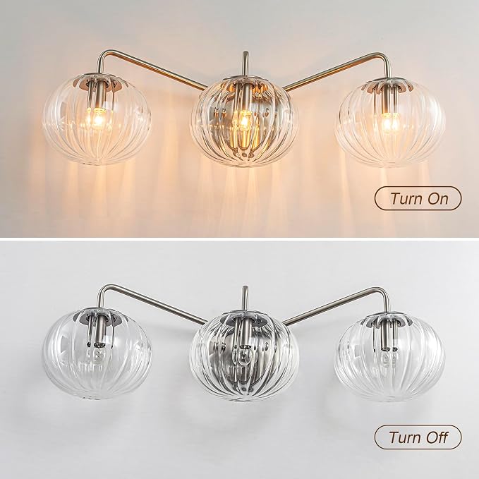 Lingkai 3 Light Bathroom Light Fixtures,Brushed Nickel Modern Vanity Lights with Clear Striped Glass Shades,Bathroom Vanity Lighting Over Mirror for Living Room Dinning Room Bedroom