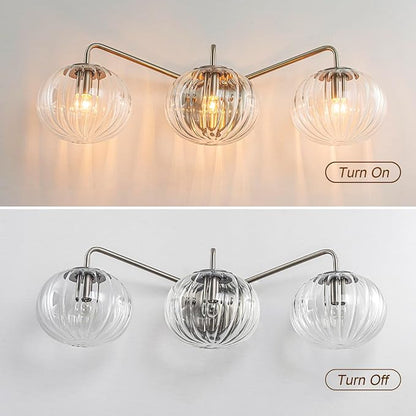 Lingkai 3 Light Bathroom Light Fixtures,Brushed Nickel Modern Vanity Lights with Clear Striped Glass Shades,Bathroom Vanity Lighting Over Mirror for Living Room Dinning Room Bedroom