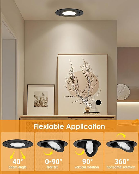 3 inch Black Recessed Lights, 7W Canless Gimbal Soffit Lighting, Canless Lights, 5CCT Dimmable 90°Tilt Wafer 3 inch Light, Retrofit Rotatable Eyeball Swivel Spot Downlight 6 Pack Black