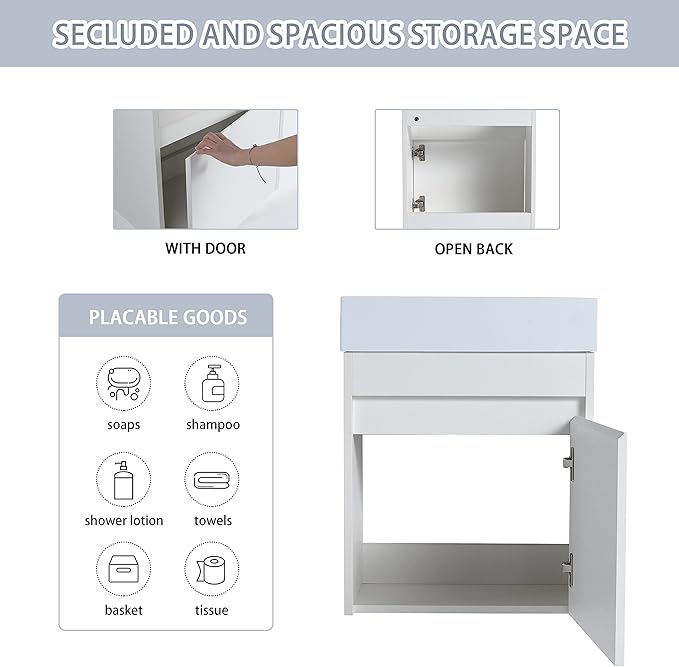 18 Inch Small Bathroom Vanity with Sink, 18" Floating Bathroom Vanity for Small Space, Wall Mounted Cabinet Set with Resin Basin Sink, Soft Close Door (WSG, 005-18" W X 10" D)