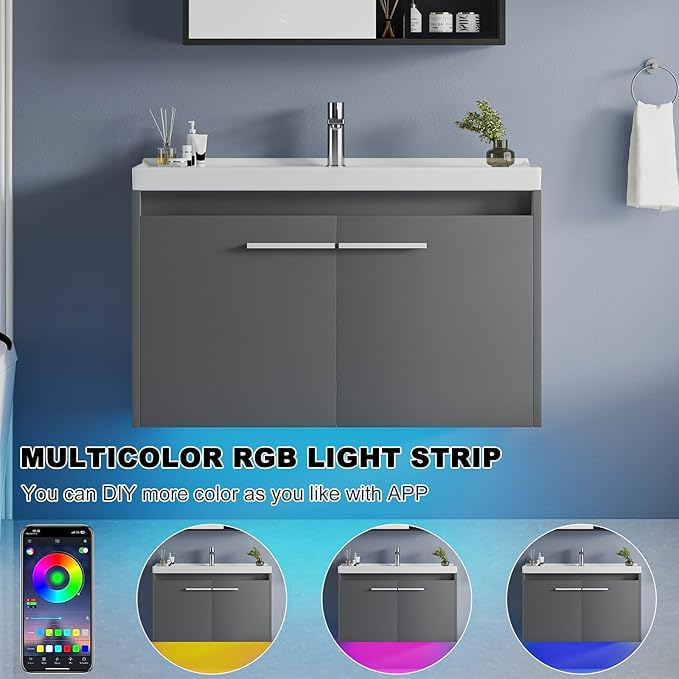 4ever2buy 31" Floating Bathroom Vanity with Sink, Modern Bathroom Vanity with LED Light, Wall Mounted Sink Cabinet with 2 Doors, Grey