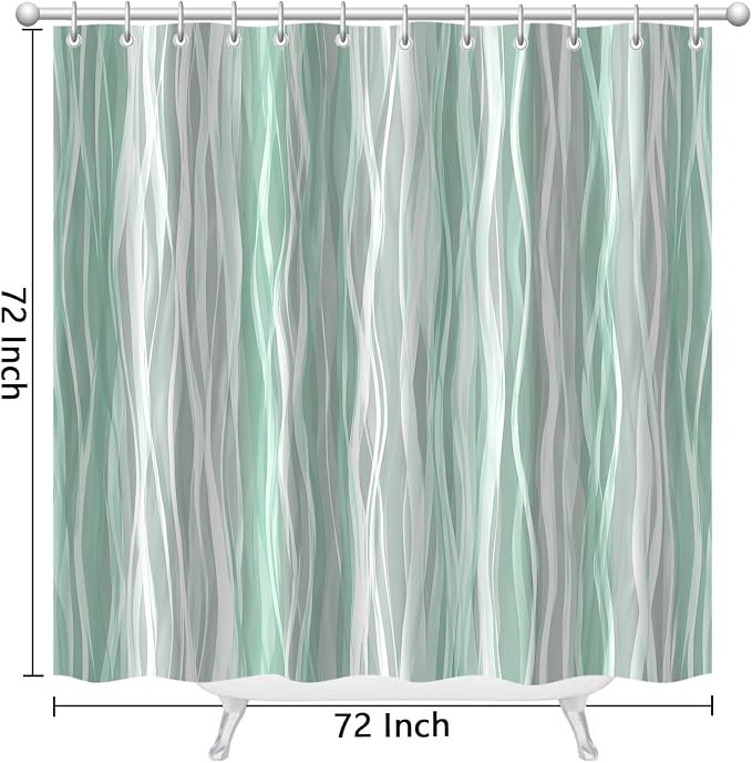 Moonslim Sage Green Grey Ombre Shower Curtain, Modern Wavy Abstract Striped Line Bathroom Curtain, Waterproof Fabric Bath Decor, 72 x 72 Inch