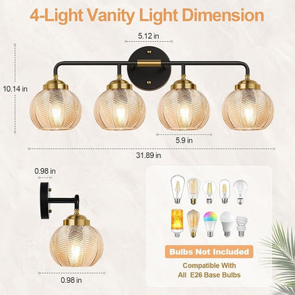 MOKATNG Bathroom Light Fixtures, 4-Light Amber Vanity Lights with Unique Leaf Texture Glass Shade, Modern Matte Black and Gold Bathroom Wall Lamp for Mirror Hallway Cabinet Living Room