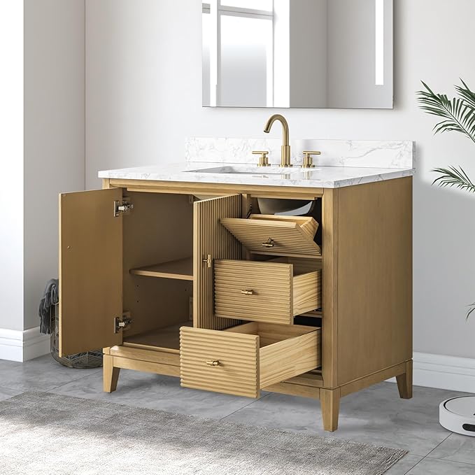 Vanity Art 42" Bathroom Vanity with Single Sink & Arabescato White Engineered Stone Top, Vanity Cabinet with Soft Closing Door, Solid Wood Frame, Golden Brushed Handles, Natural Oak VA8142-NO-GB