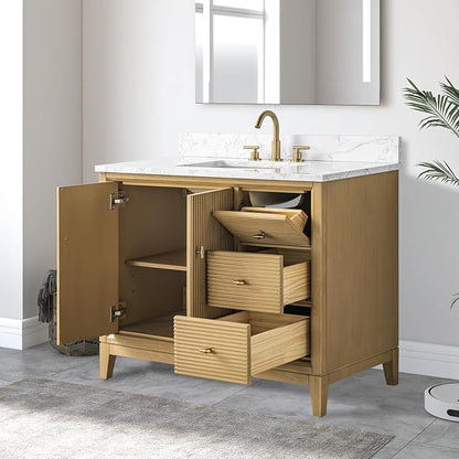 Vanity Art 42" Bathroom Vanity with Single Sink & Arabescato White Engineered Stone Top, Vanity Cabinet with Soft Closing Door, Solid Wood Frame, Golden Brushed Handles, Natural Oak VA8142-NO-GB