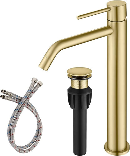 Brushed Gold Vessel Sink Faucet with Pop Up Drain and Supply Lines, Stainless Steel Gold Vanity Faucet Single Hole, JXMMP Single Handle Bathroom Faucet Gold, JXM1001BG